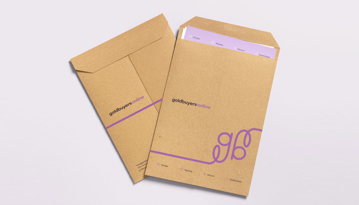 Two brown envelopes with 'Gold Buyers Online' branding on a light gray background. Gold Buyers Mail-In Pack